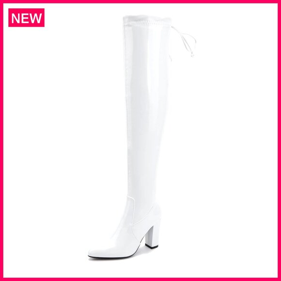 Women's Thigh High Boots Pointed Toe Chunky Heel Over Knee Zipper Lace Up